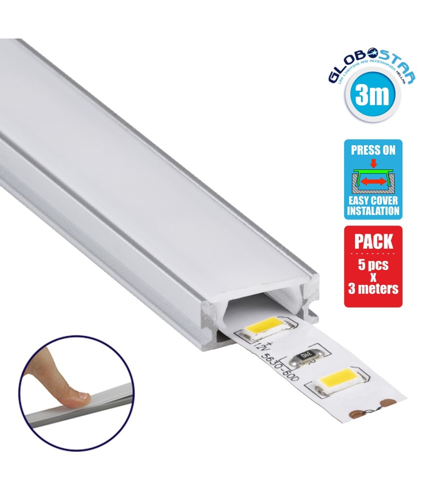 GLOBOSTAR® ALP-LINEAR SURFABO 70805-3M Επιφανειακό Προφίλ Αλουμινίου με Λευκό Γαλακτερό Πατητό Κάλυμμα για Ταινίες LED IP20 - Ασημί & Λευκό - Μ300 x Π1.6 x Υ0.7cm - Πακέτο 5 Τεμαχίων